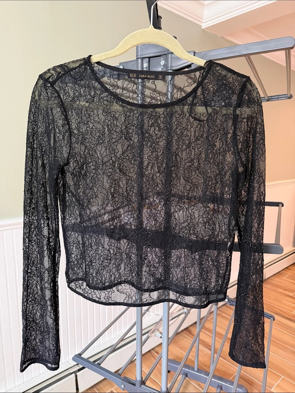 Zara Black Sheer Lace Long-Sleeve Tee